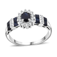 D'Joy Premium Kanchanaburi Blue Sapphire and Moissanite 1.30 ctw Art Deco Heirloom Ring in Rhodium Over Sterling Silver (Size 10.0)