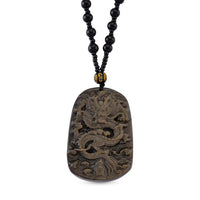 Black Obsidian 340.00 ctw Carved Dragon Pendant with Beaded Necklace 26 Inches
