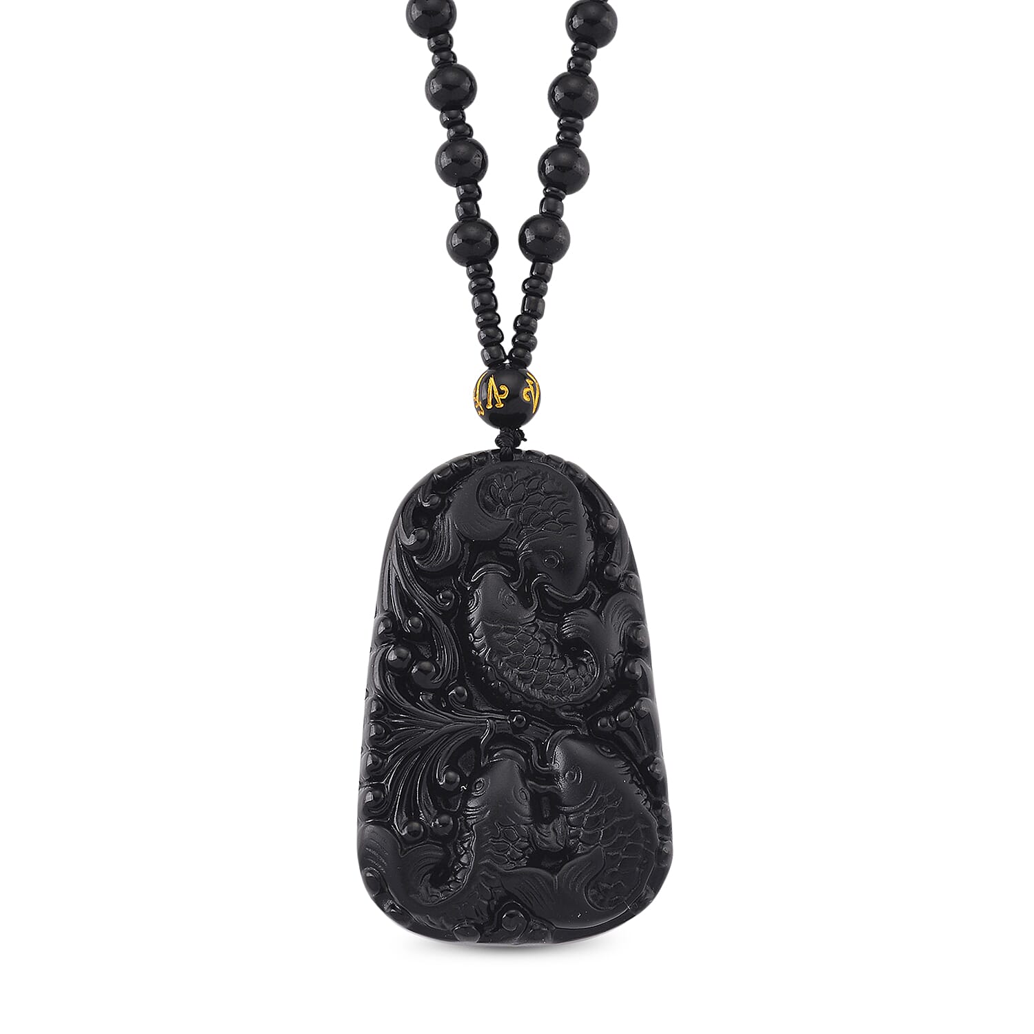 Black Obsidian 340.00 ctw Carved Dragon Pendant with Beaded Necklace 26 Inches