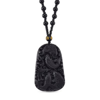 Black Obsidian 340.00 ctw Carved Dragon Pendant with Beaded Necklace 26 Inches