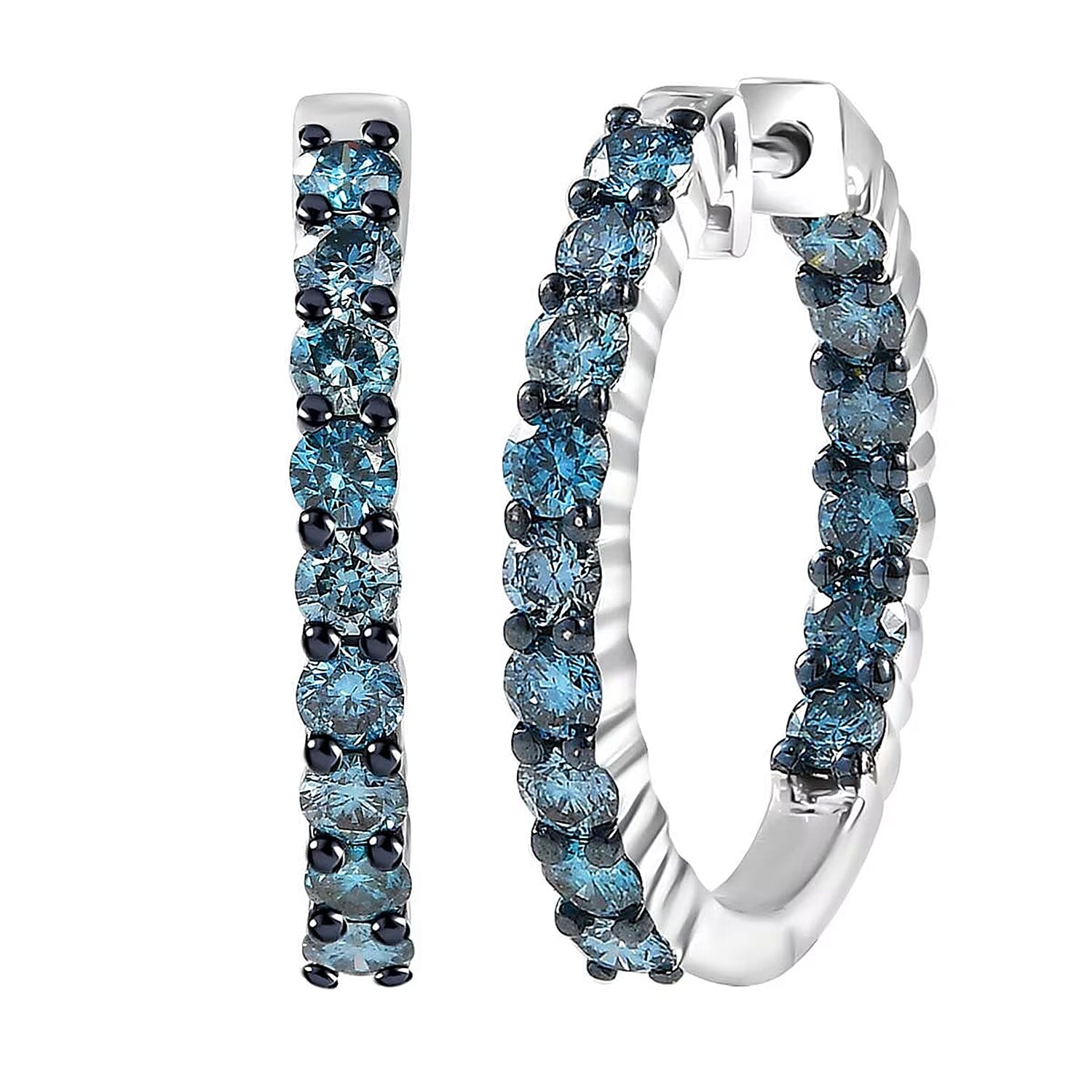 Luxuriant Lab Grown Blue Diamond (IR) SI 2.00 ctw Starry Night Hoop Earrings in Rhodium Over Sterling Silver