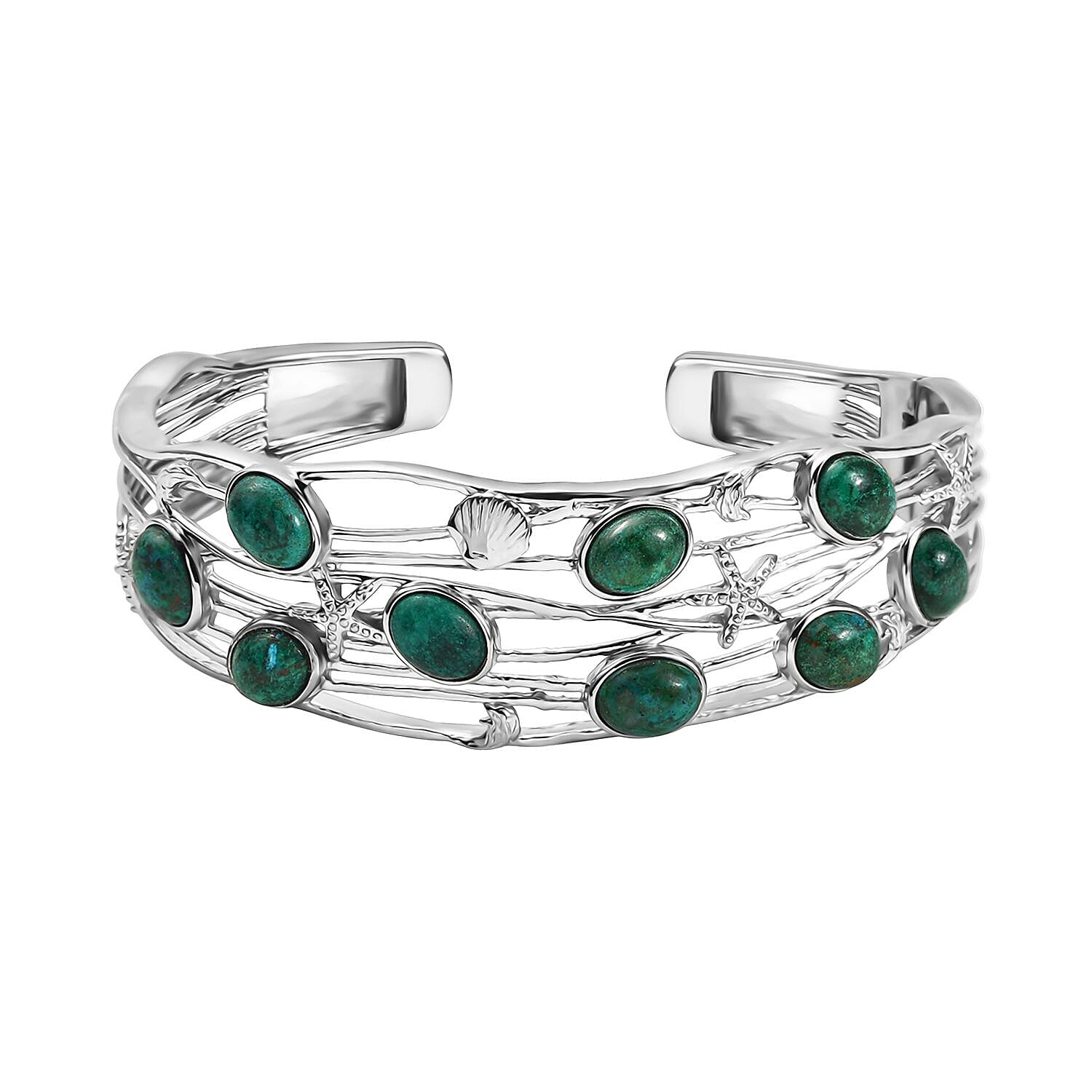 EverTrue Chrysocolla Sea Life Cuff Bracelet 14.70 ctw in Platinum Bond (7.25 In)
