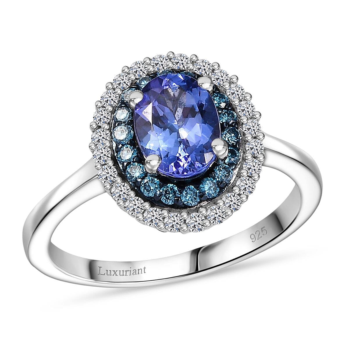 D'Joy Premium Tanzanite, Luxuriant Lab Grown Blue and White Diamond Twilight Reverie Ring in Rhodium Over Sterling Silver (Size 10.0) 1.45 ctw