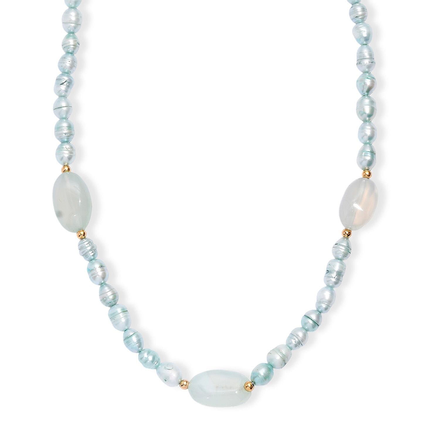 Blue Chalcedony Enhanced 75.00 ctw and Blue Pearl (D) Necklace in ION Plated YG Stainless Steel 24 Inches
