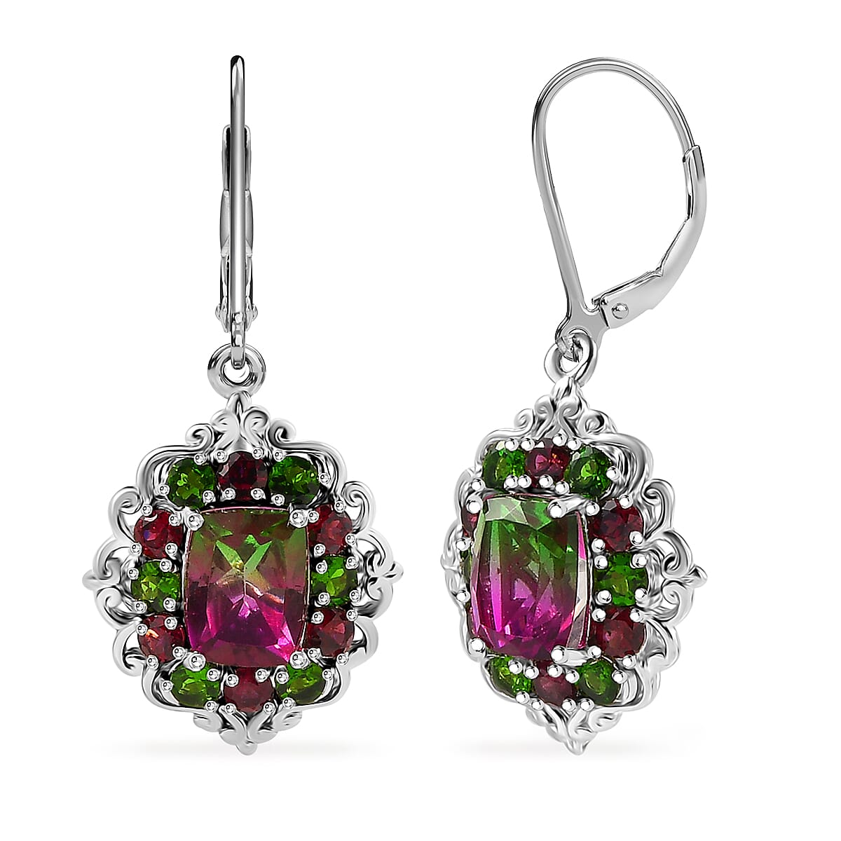 EverTrue Watermelon Quartz (Triplet) and Multi Gemstone 7.50 ctw Garden of Glamour Lever Back Earrings in Platinum Bond