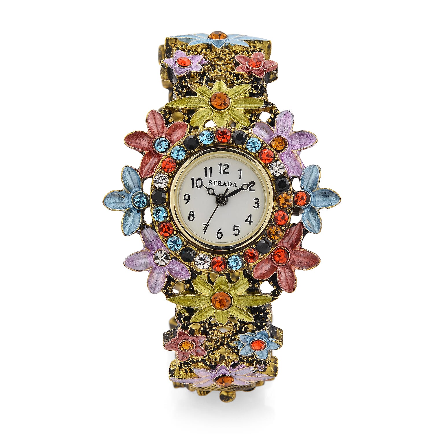 Strada Multi Color Austrian Crystal Japanese Movement Flower Bangle Watch in Dark Silvertone