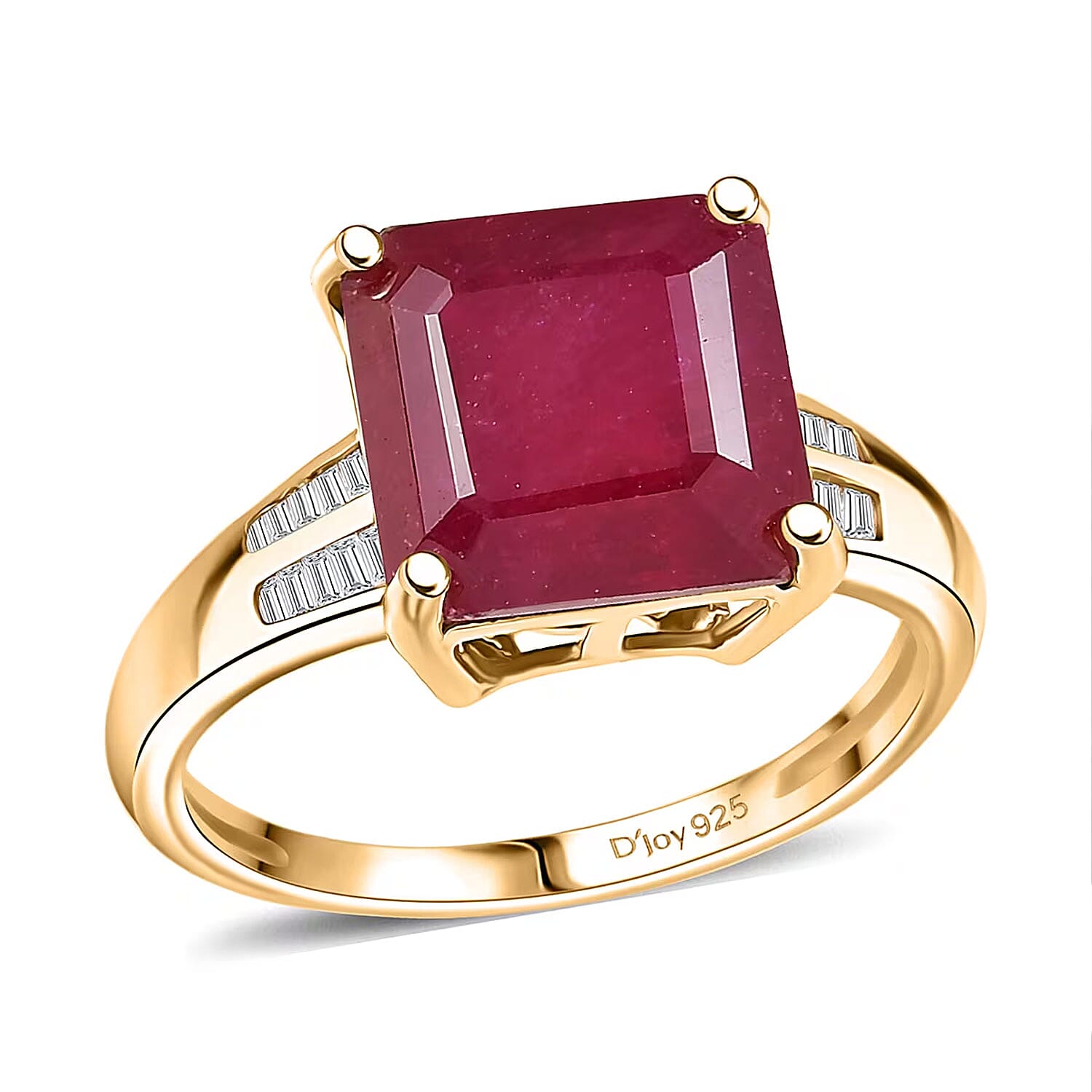 D'Joy Asscher Cut Premium Niassa Ruby (FF), Diamond Ring in 18K Vermeil YG Over Sterling Silver (Size 10.0) 7.40 ctw