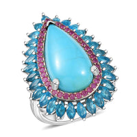 D’Joy Premium Sleeping Beauty Turquoise, Multi Gemstone Ring in Rhodium Over Sterling Silver (Size 10.0) 9.25 ctw