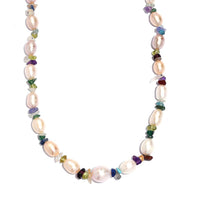 Multi Color Freshwater Pearl and Multi Gemstone 10.00 ctw Necklace in Rhodium Over Sterling Silver 18 Inches