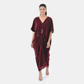 TAMSY Merlot Stretch Velvet Drape Kaftan Dress with Front Button Detail- One Size Fits Most - Sticky add to cart bar