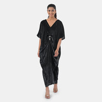 TAMSY Merlot Stretch Velvet Drape Kaftan Dress with Front Button Detail- One Size Fits Most