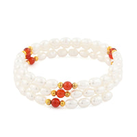 White Freshwater Pearls with Carnelian Beads Memory Wire Bracelet (7 In) 7.00 ctw