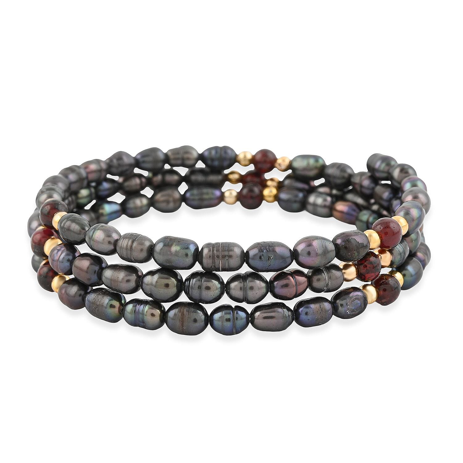 Black Freshwater Pearls with Garnet 7.00 ctw Beads Memory Wire Bracelet (7 In)