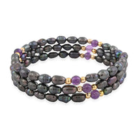 Black Freshwater Pearls with Purple Quartz 7.00 ctw Beads Memory Wire Bracelet (7 In)