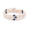 Pink Freshwater Pearls with Lapis Lazuli 7.00 ctw Beads Memory Wire Bracelet in Goldtone (7 In) - Sticky add to cart bar