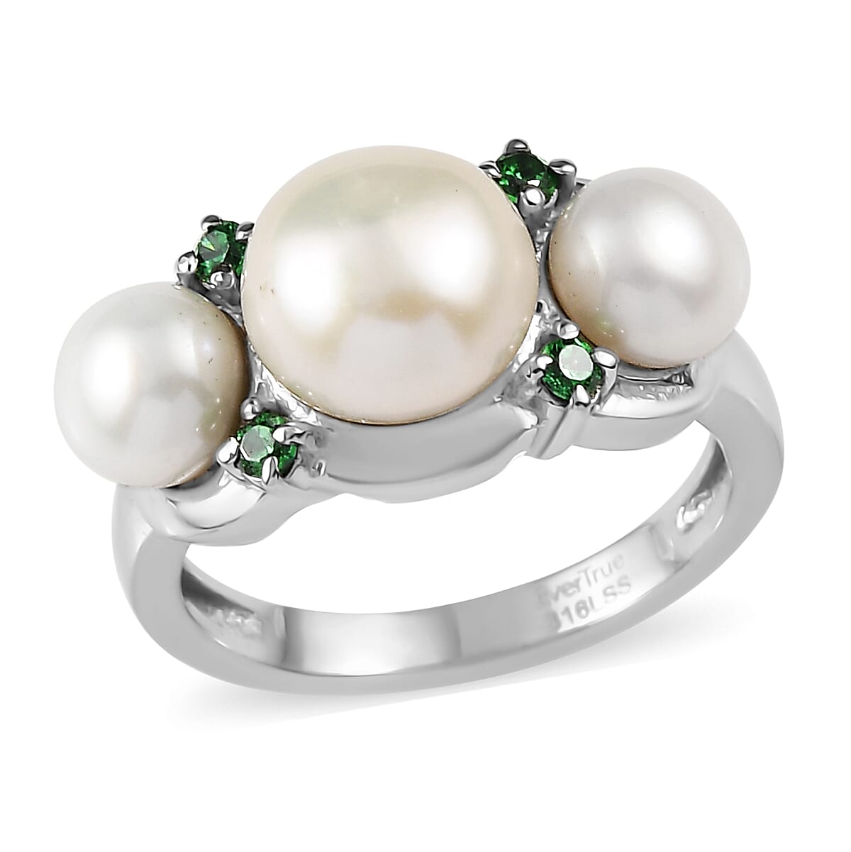 Ever True White Freshwater Pearl, Simulated Green Diamond Garden Trio Ring in Stainless Steel (Size 10.0) (Del. in 8-10 Days) 0.35 ctw