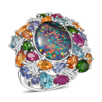 D'Joy Elysian Opal (Triplet), Multi Gemstone Ring in Rhodium Over Sterling Silver (Size 10.0) 13.40 ctw