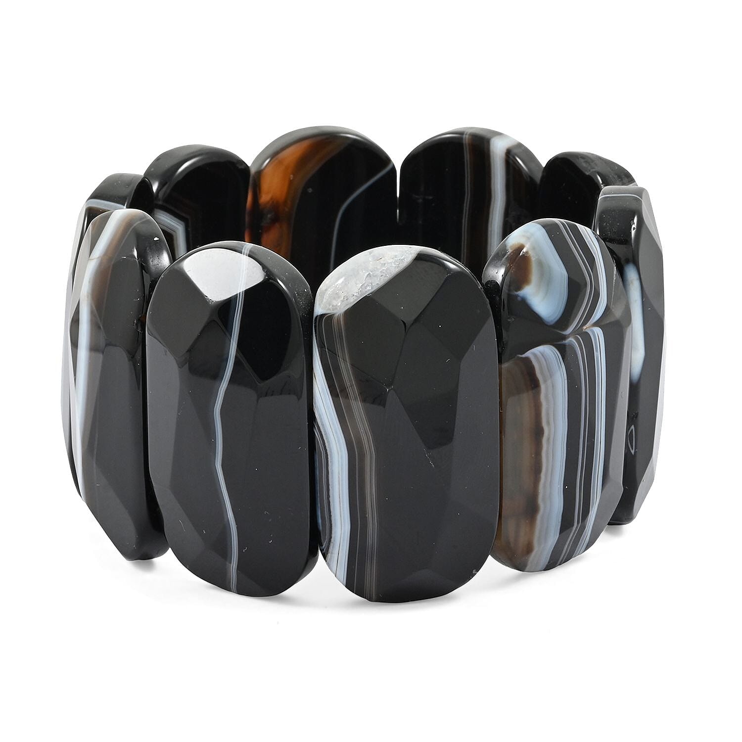 Faceted Oval Brazilian Black Agate 602.65 ctw Stretch Bracelet