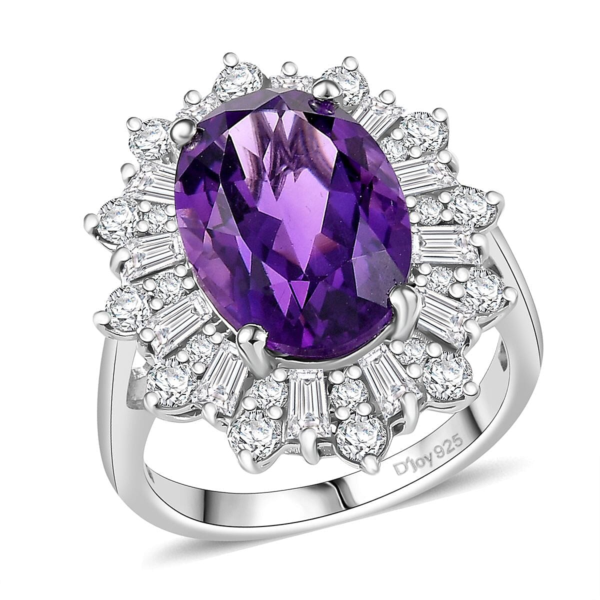 D’Joy Lusaka Amethyst and Moissanite 7.50 ctw Starburst Ring in Rhodium Over Sterling Silver (Size 10.0)