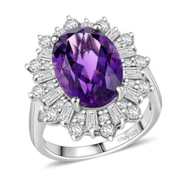 D’Joy Lusaka Amethyst and Moissanite 7.50 ctw Starburst Ring in Rhodium Over Sterling Silver (Size 10.0)