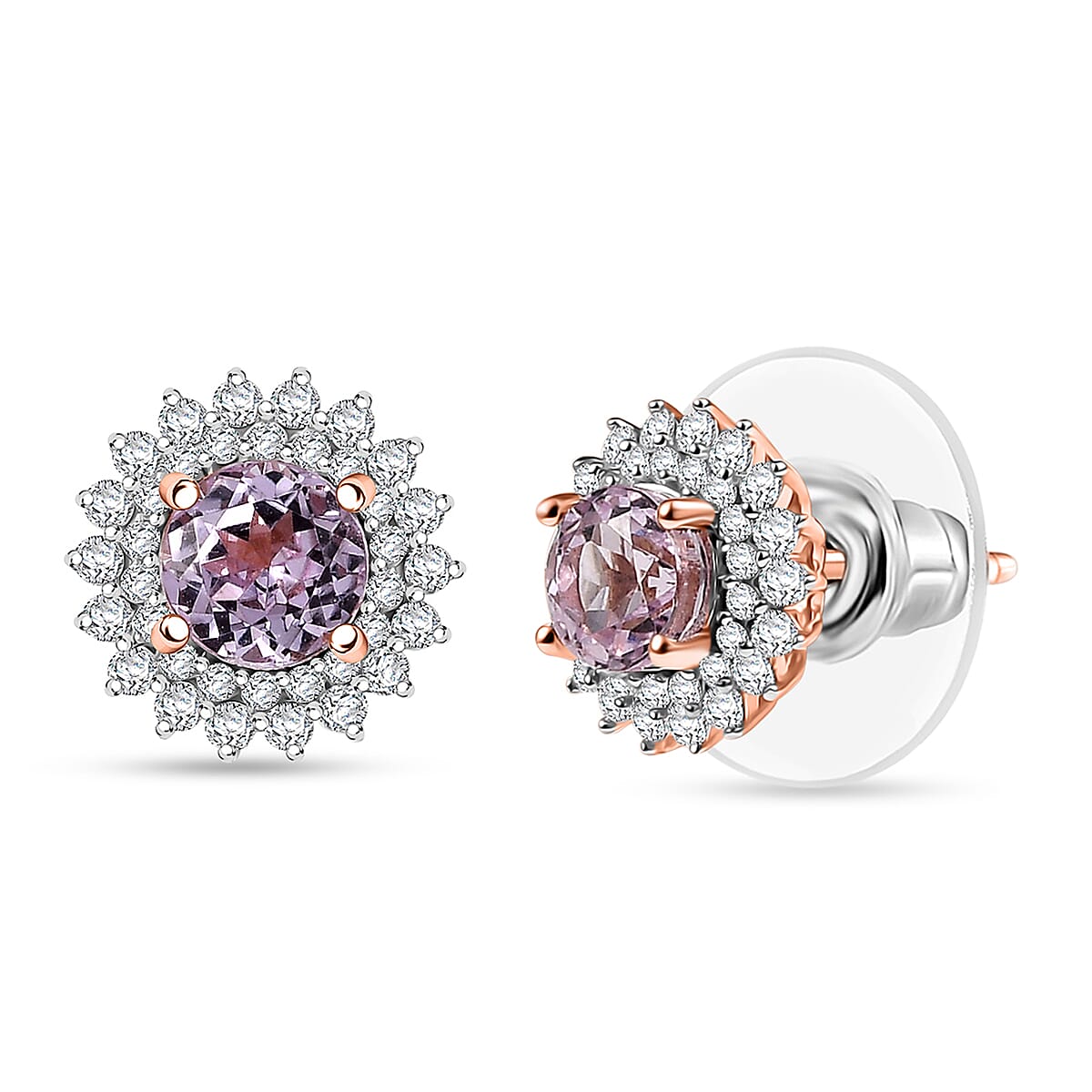 D'Joy Premium Martha Rocha Kunzite and Moissanite 1.75 ctw Bloom Fire Stud Earrings in 18K Vermeil Rose Gold Over Sterling Silver