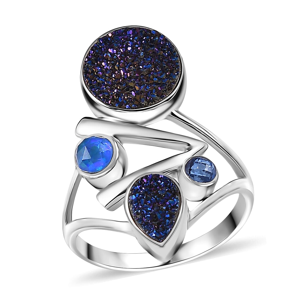 Epic Deal Sajen Silver Flat Blue Sapphire Drusy Quartz, Multi Gemstone Ring in Rhodium Over Sterling Silver (Size 10.0) 3.75 ctw