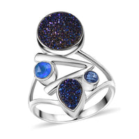 Epic Deal Sajen Silver Flat Blue Sapphire Drusy Quartz, Multi Gemstone Ring in Rhodium Over Sterling Silver (Size 10.0) 3.75 ctw