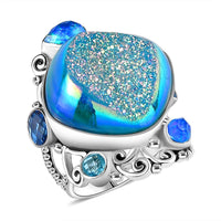 Sajen Silver Blue Drusy Quartz, Multi Gemstone Ocean Tides Ring in Rhodium Over Sterling Silver (Size 10.0) 28.20 ctw