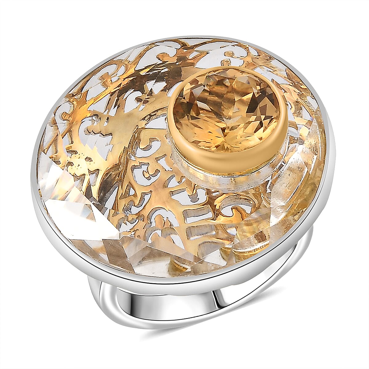 Sajen Silver Natural Crystal and Brazilian Citrine 33.15 ctw Sunlight Ring in Rhodium Over Sterling Silver (Size 10.0)
