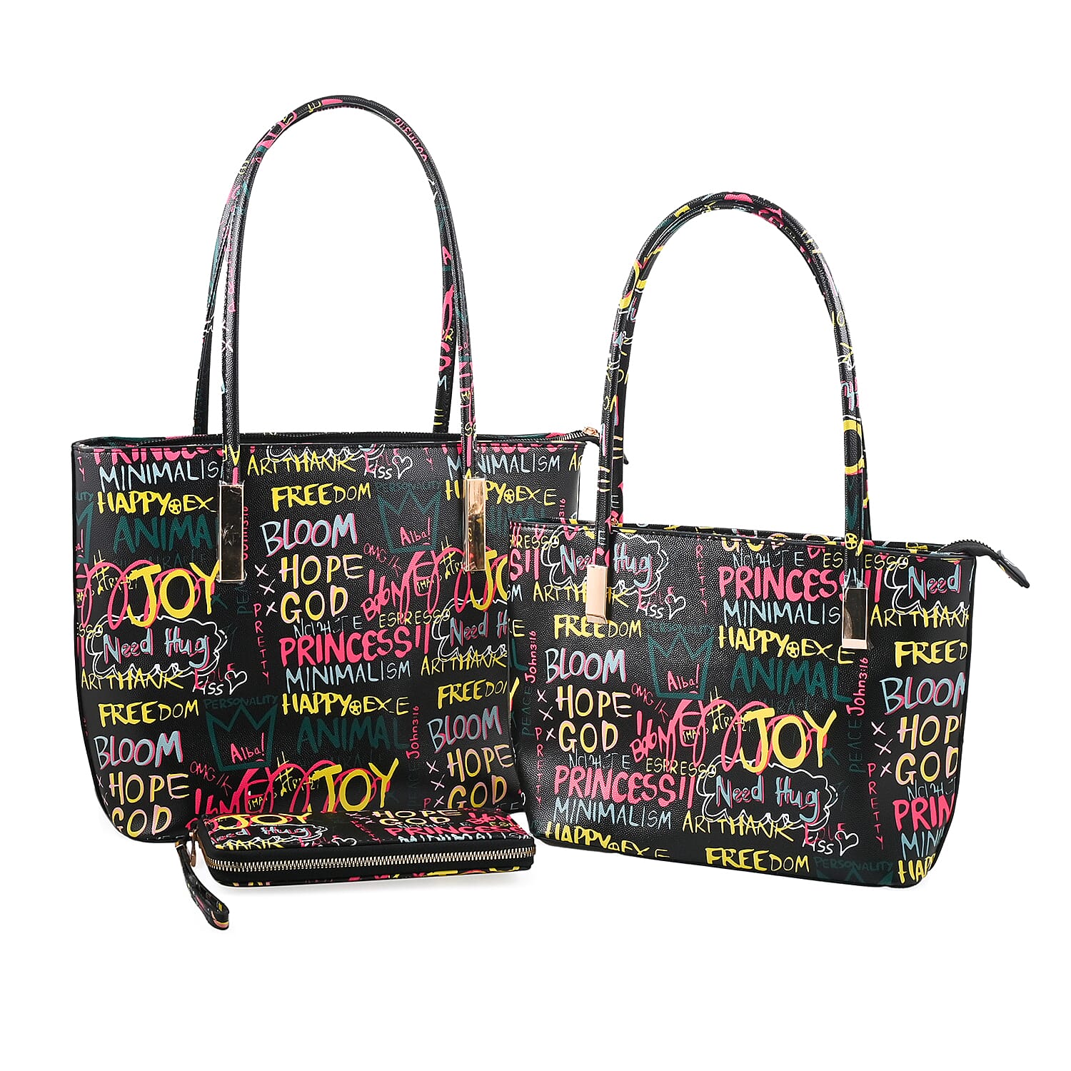Chunma 3pc Black Graffiti Art Vegan Leather Tote, Shoulder Bag and Wallet