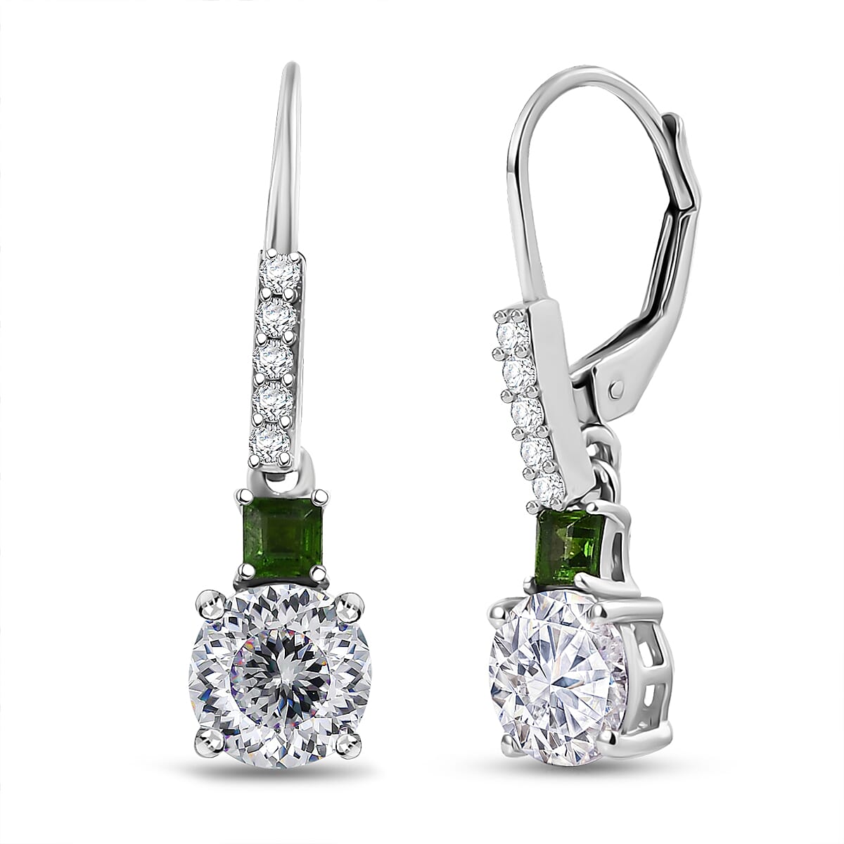 D’Joy 120 Facet Moissanite and Chrome Diopside 3.10 ctw Lever Back Earrings in Rhodium Over Sterling Silver