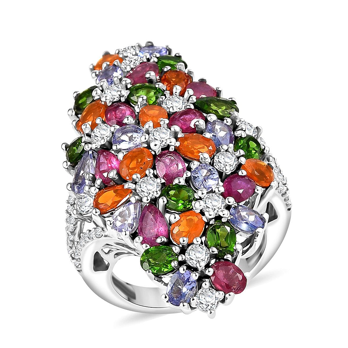 D'Joy Multi Gemstone 7.65 ctw Blooming Garden Ring in Platinum Over Sterling Silver (Size 10.0)