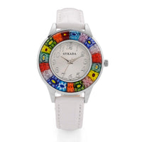 Strada Multi Color Murano Style Japanese Movement Watch with Black Leather Strap (37mm)