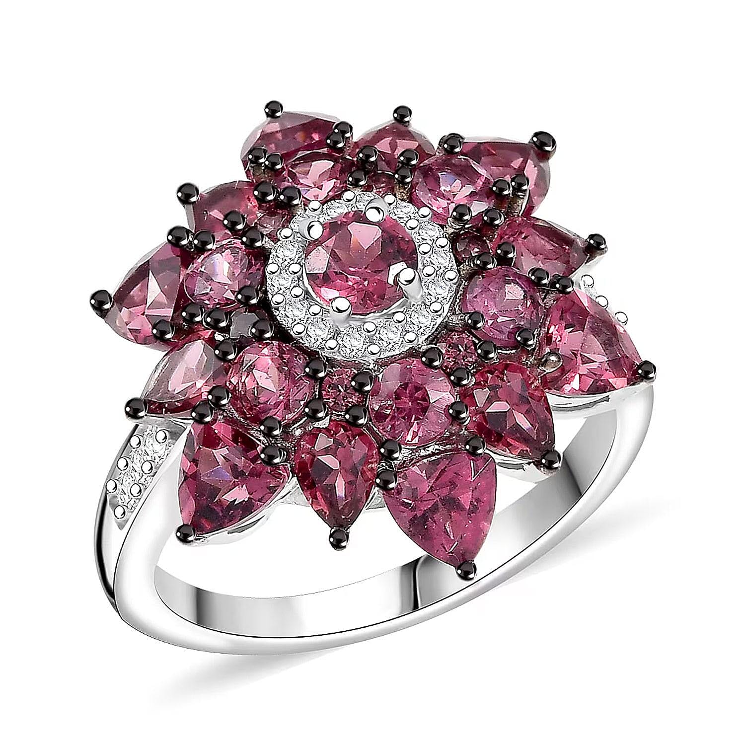 D'Joy Premium Tanzanian Wine Garnet and White Zircon 4.90 ctw Dahlia Flower Ring in Rhodium Over Sterling Silver