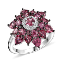 D'Joy Premium Tanzanian Wine Garnet and White Zircon 4.90 ctw Dahlia Flower Ring in Rhodium Over Sterling Silver