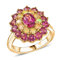 D'Joy Tanzanian Wine Garnet and Ethiopian Welo Opal 7.80 ctw Sunfire Dahlia Ring in 18K Vermeil Yellow Gold Over Sterling Silver