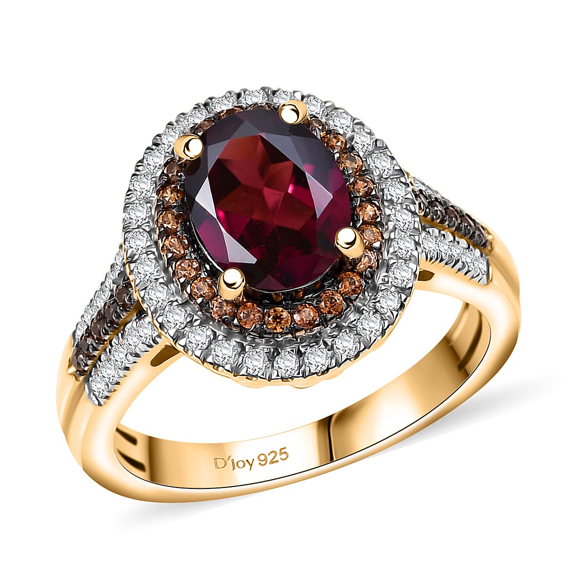 D'Joy Tanzanian Wine Garnet, White and Chocolate Zircon Ring in 18K Vermeil YG Over Sterling Silver (Size 10.0) 3.00 ctw
