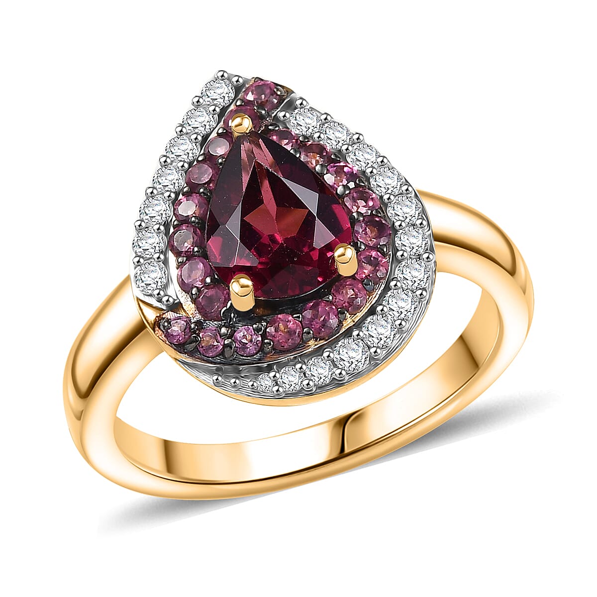 D'Joy Tanzanian Wine Garnet and White Zircon 2.00 ctw Blushing Teardrop Ring in 18K Vermeil Yellow Gold Over Sterling Silver