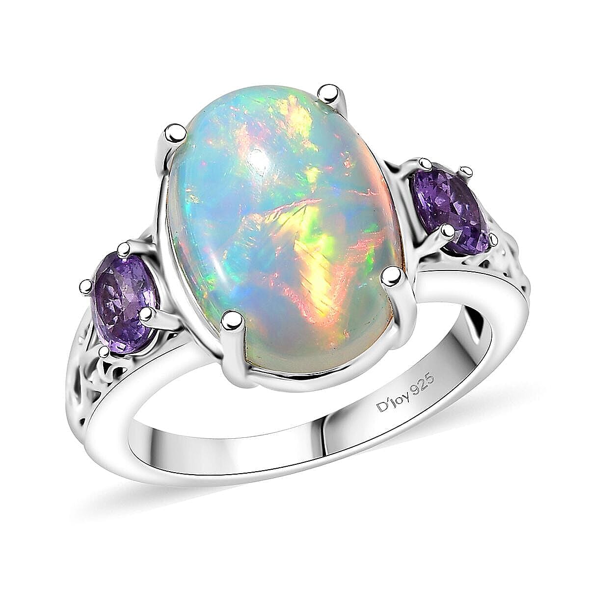 D'Joy AAA Ethiopian Welo Opal, Purple Sapphire Ring in Rhodium Over Sterling Silver (Size 10.0) 4.60 ctw