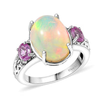 D'Joy AAA Ethiopian Welo Opal, Purple Sapphire Ring in Rhodium Over Sterling Silver (Size 10.0) 4.60 ctw