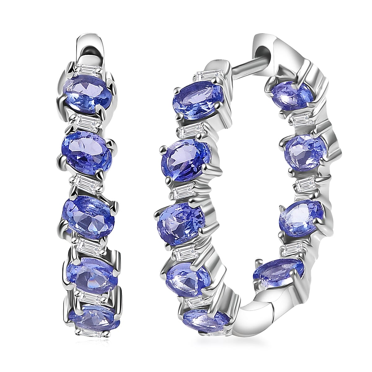 D’Joy Tanzanite and Moissanite 3.20 ctw Floral Vines Hoop Earrings in Rhodium Over Sterling Silver