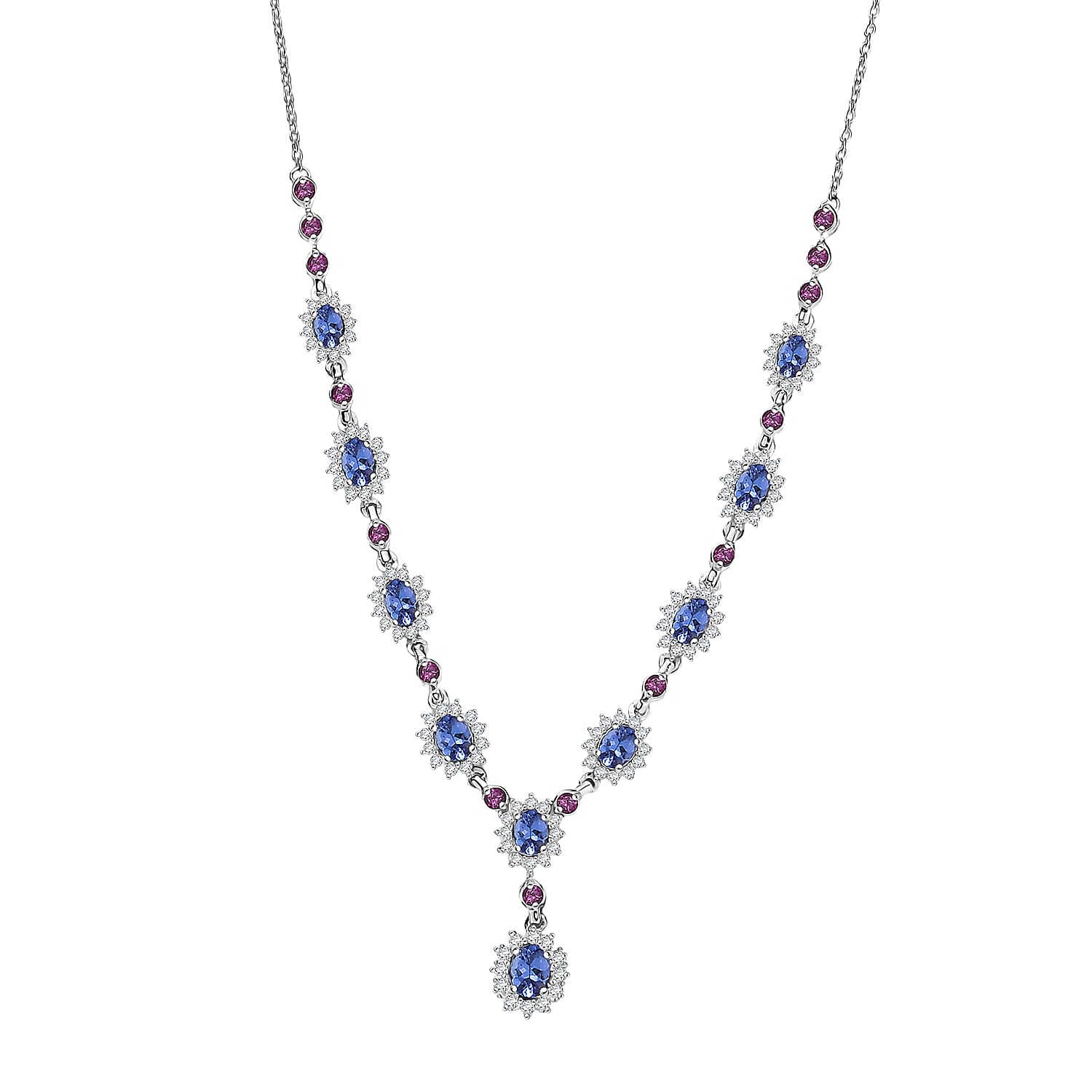 D'Joy Tanzanite and Multi Gemstone 5.25 ctw Starburst Halo Necklace 18 Inches in Rhodium Over Sterling Silver