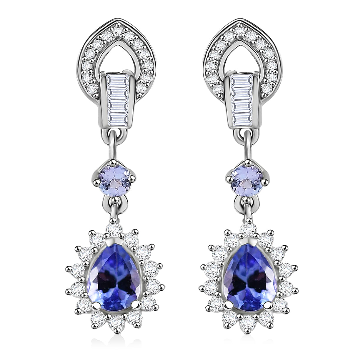 D'Joy Tanzanite and White Zircon 1.50 ctw Starburst Halo Earrings in Rhodium Over Sterling Silver