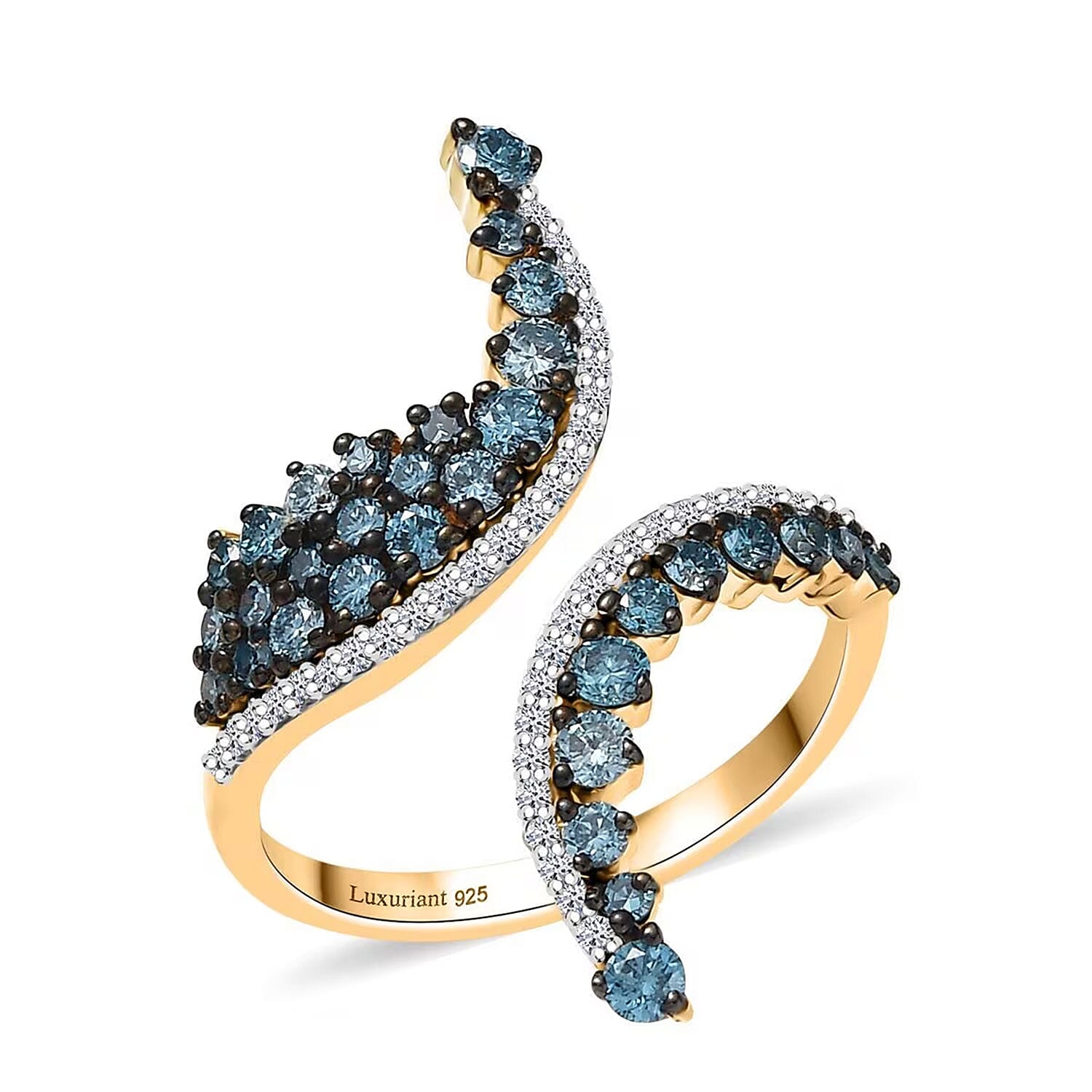 Luxuriant Lab Grown Blue Diamond (IR) and Lab Grown White Diamond SI 1.00 ctw Twilight Vine Ring in 18K Vermeil Yellow Gold Over Sterling Silver