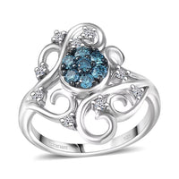 Luxuriant Lab Grown Blue Diamond (IR) (SI) and Lab Grown Diamond 0.50 ctw Frosted Bloom Ring in Rhodium Over Sterling Silver