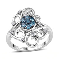 Luxuriant Lab Grown Blue Diamond (IR) (SI) and Lab Grown Diamond 0.50 ctw Frosted Bloom Ring in Rhodium Over Sterling Silver