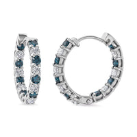 Luxuriant Lab Grown Blue Diamond (IR) and Lab Grown White Diamond SI 1.85 ctw Midnight Ice Hoop Earrings in Rhodium Over Sterling Silver