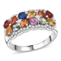 Multi Sapphire and White Zircon 2.50 ctw Floral Ring in Rhodium Over Sterling Silver