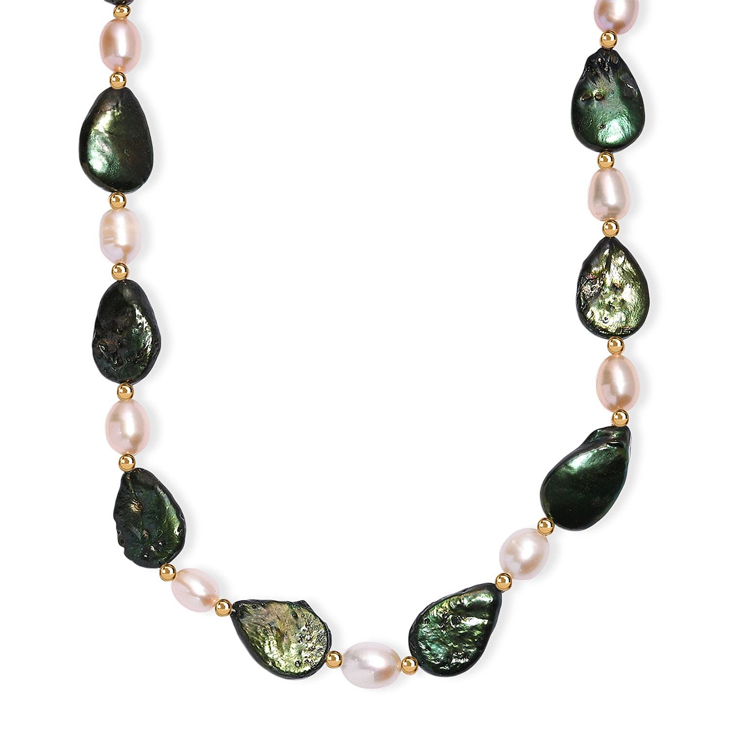 Green Pearl (D) and Freshwater Pearl Necklace in ION Plated YG Stainless Steel 18 Inches