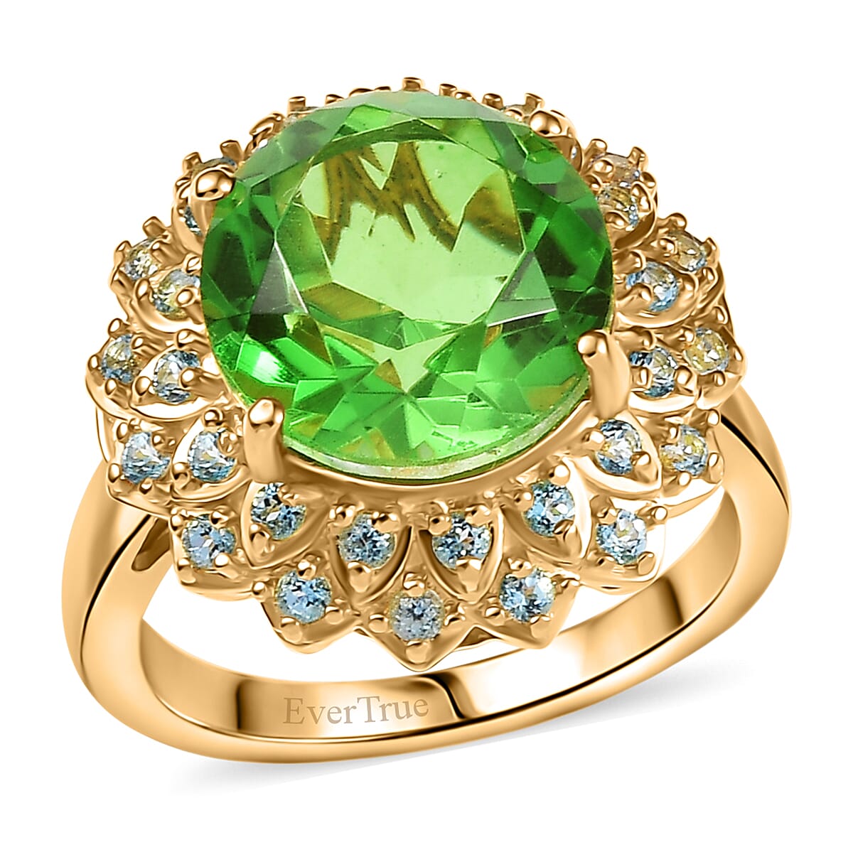 Ever True Chartreuse Quartz (Triplet), Signity Ice Blue and Paraiba Topaz 5.90 ctw Sunspire Bloom Ring in 18K YG Plated
